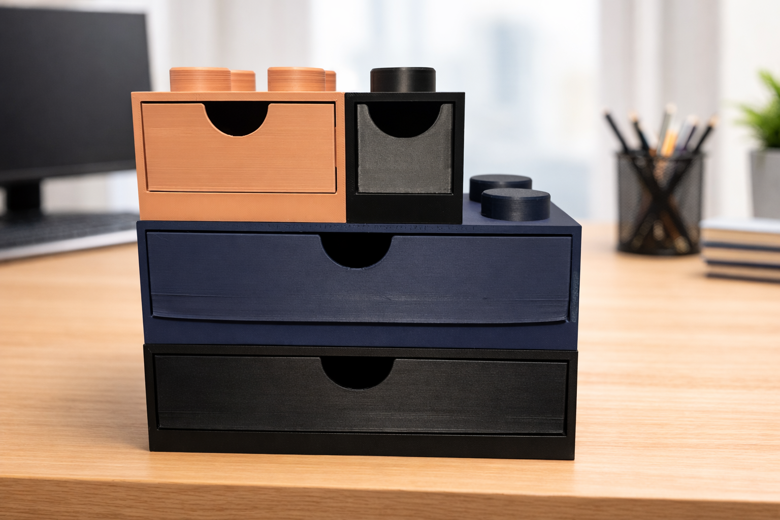 Lego-inspired 3D-printed bricks featuring a smooth sliding drawer