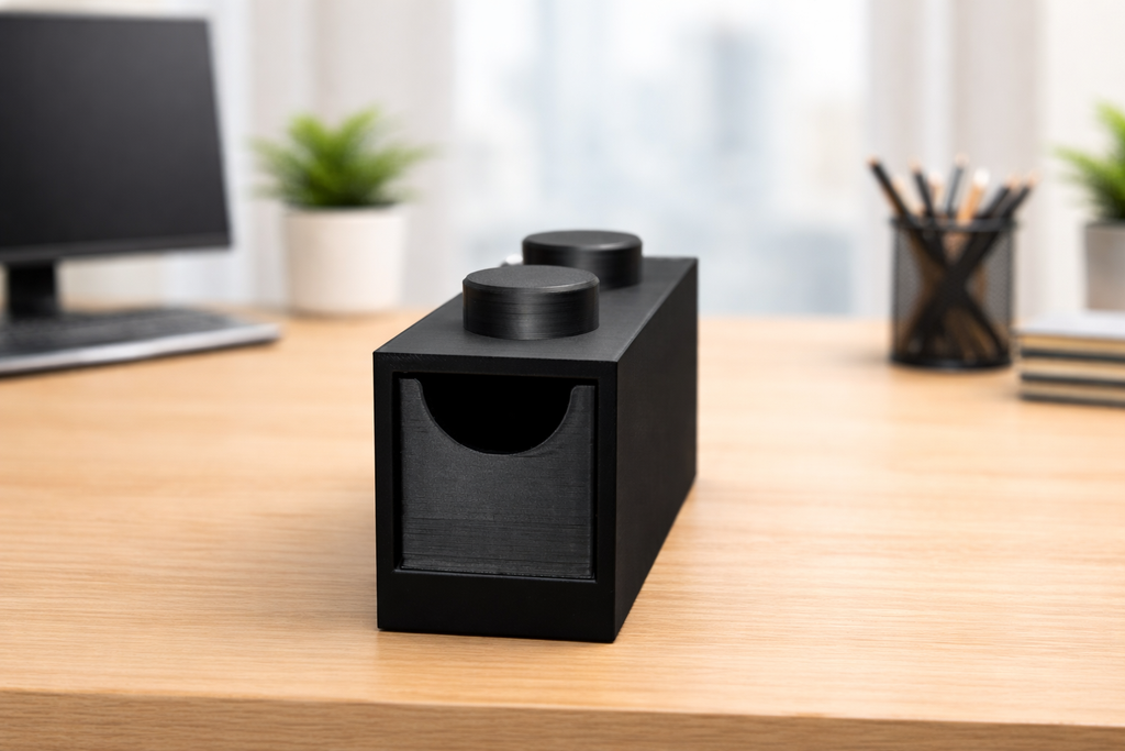 Lego-inspired 3D-printed 1×2 brick featuring a smooth sliding drawer.